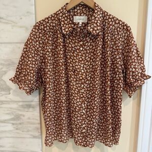 THE GREAT. Rust and White Floral Button Down Blouse